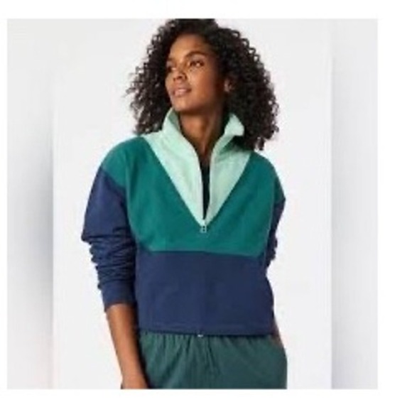 OUTDOOR VOICES Women's 100% Cotton Cropped 1/2 Zip Colorblock Sweatshirt, Size M - Picture 1 of 8
